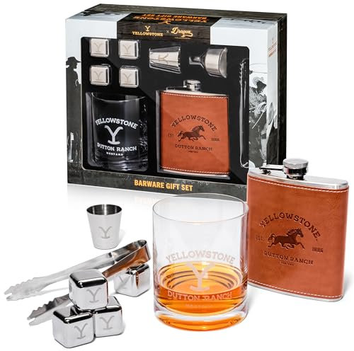 Dragon Glassware Yellowstone Barzubehör-Geschenk-Set, 4-teilig, enthält ein Yellowstone-Schnapsglas, Lederflasche, Kühlsteine und Trinkglas