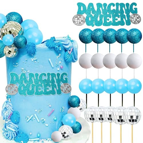 JeVenis Blauer Disco Ball Tortenaufleger Dancing Queen Tortenaufleger 80er Jahre Tortendekorationen Silberne Tortenkugeln Silberne Tortendekorationen Disco Ball Tortenaufleger
