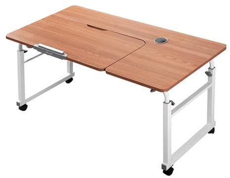 Betttisch Auf Rollen Höhenverstellbar Künstliche Überbetttisch Tisch 3 Breitenverstellungen 8 Tischplattenwinkel Verstellbar mit Stifthalter(Beige,80X60cm)