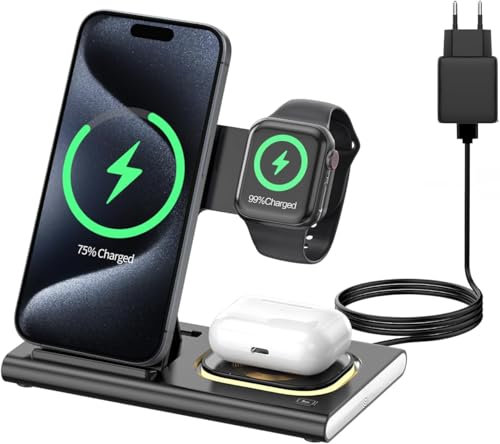 Aimtel 3 in 1 Stazione di Ricarica Wireless Pieghevole compatibile con Apple Watch 10/Ultra 2/9/8/7/SE/iPhone 16/16 Pro/16 Pro Max/16 Plus/15/14/13/12/Air Pods Pro/4/3/2 Luci Notte Caricatore Wireless