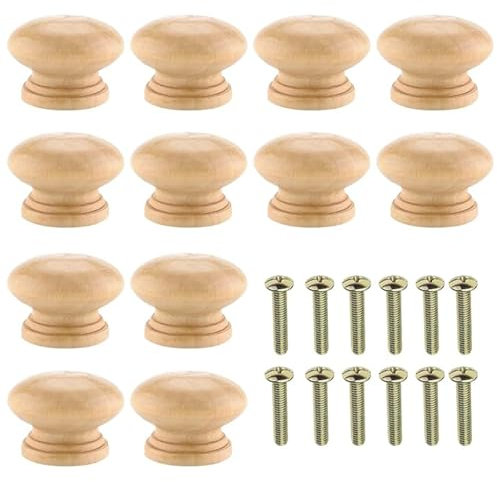 12PCS HARY Wooden Door Knobs, Mini 2.4 * 2.2cm Wooden Drawer Knobs with Screws, Large Pine Lacquered Round Mushroom Cabinet for Cupboards Drawers Wardrobe (Note: The Size Is A 10p Coin Size)