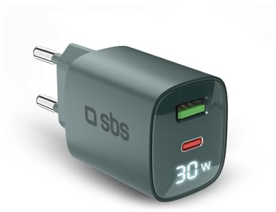 SBS caricatore multiporta 30W con LCD, 1 porta USB-C e 1 USB-A, presa europea, Power Delivery, ideale per smartphone Android, iPhone, tablet, MacBook