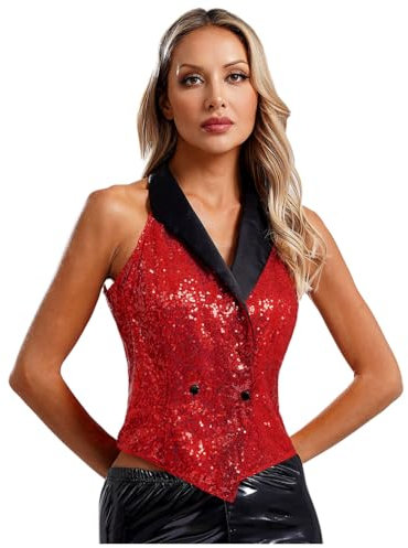 ranrann Pailletten Weste Damen mit Kragen Anzugweste Glitzer Tops Oberteil Kurz Waistcoat Sexy Disco Silvester Kostüm Rot L