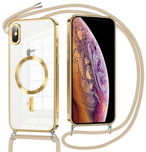 Oelrstfe Handyband Handyhülle für iPhone XS Max Hülle Case mit Band, Compatibile Con MagSafe Durchsichtig Dünn TPU Silikon Case mit Kordel zum Umhängen Abnehmbar Kratzfeste Stoßfest Schutzhülle,Gold