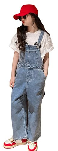 Runstarshow Girls Denim Dungarees Kids Jean Overalls Bib Pants Wide Leg Jeans Adjustable Strap Baggy All in One Jumpsuit with Pockets Cute Playsuit for Girls Age 3-14 Years