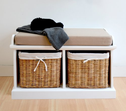 Statement Furniture Tetbury Storage Bench with Cushion and Wicker Baskets | White Hallway Kitchen Bedroom Seat | Fully Assembled 2 Seater Bench (biscuit cushion, small)