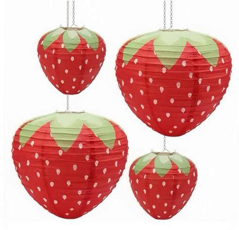 4 Stück Erdbeere Lampions Papier Laternen Erdbeeren Geburtstag Dekorationen Obst Party Kindergeburtstag Deko Rot (2×20cm, 2×30cm)