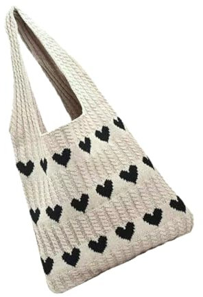 Holibanna Strick Strandtasche Damen Herz Muster Knitted Beach Bag Handtasche Schultertasche Sommer Einkaufstasche Für Strand Und Freizeit
