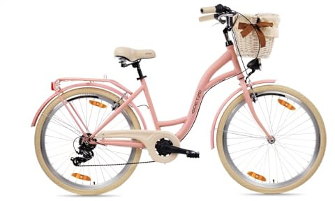 Goetze Mood 26 Zoll Jugendfahrrad, 17 Zoll Tiefeinsteiger Stahlrahmen, 6-Gang Kettenschaltung, doppelte V-Bremsen, LED-Beleuchtung, Rattankorb, Komfortsattel, mit Seitenständer & Klingel