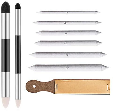 KLEHOPE 9 Piece Blending Stump Set with Sponge Pens & Sandpaper Sharpener | For Charcoal and Pencil Art. Set Includes 6 Blending Stumps, 2 Sponge Pens and a Sandpaper Sharpener. Washable and Reusable