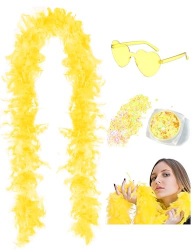 45g 2 Yard Federboa mit Glitzer und Herz-Sonnenbrille für Frauen und Teenager-Mädchen Junggesellinnenabschied Party Halloween Kostüm (Gelb)