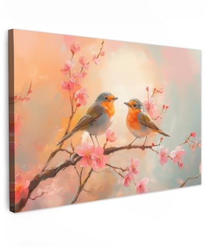 MuchoWow© Bilder Wohnzimmer Deko Modern Wandbild Kunstdruck auf Leinwand | 90x60 cm - Bild Schlafzimmer über Bett Room Decor Geschenke Rotkehlchen - Zierpflanze - Blütenzweig