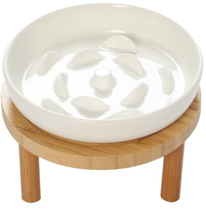 Lusifaco Raised Ceramic Slow Feeder Cat Bowl, Wide Shallow (1 Pack) | 15 CM Elevated Glass Wet Food Puzzle Feeders with Stand, 2 Height Anti Vomit Dish, Whisker Friendly Pet Plate Feeding Station