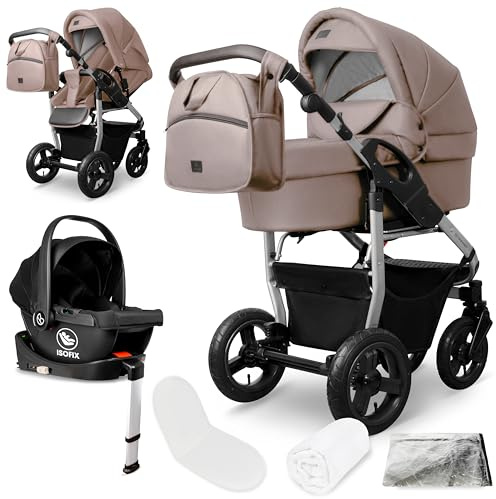 Bergsteiger Capri Kombikinderwagen 4-in-1 Babywanne Sportsitz Isofix | Komplettes Reisesystem mit i-size Babyschale Luftreifen Rahmenfederung verstellbarem Griff Zubehör und Wickeltasche