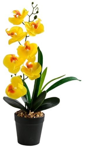 Peosaard Orchidei finti fiori in pentola, fiori artificiali con vaso, orchidea in finto giallo con 7 e 4 foglie, seta decorativa del vero tocco per casa, ufficio, matrimonio