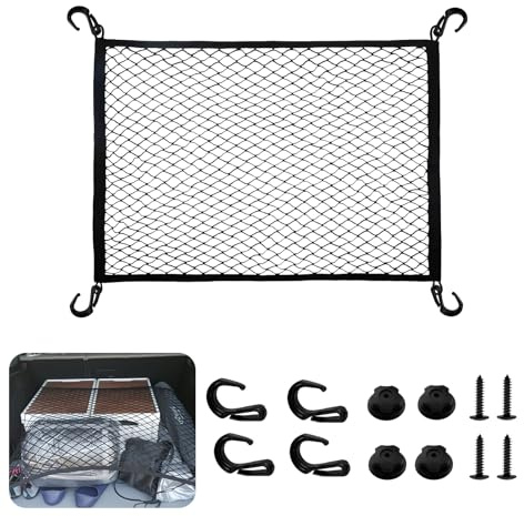 xuefenfei Filet de Rangement pour Coffre de Voiture, 60x40cm Filet à Bagages Voiture, Maille avec 4 Crochets Solides, Universel pour Coffre de Camion