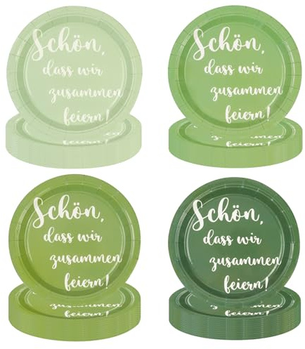 EVYIENEN 48 Stück Salbeigrün Farbverlauf Geburtstag Pappteller, Pappteller Partyset Spruch Schön, dass wir zusammen feiern, 4 Designs Für Zum Weihnachten Geburtstag Hochzeiten Jubiläums