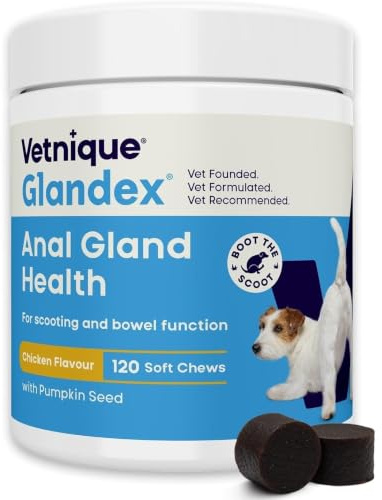 Glandex For Dogs UK - 120 Soft Chews - Vet-Formulated Anal Gland Support for Digestive Health - With Probiotics for Dogs, Omega-3s, Pumpkin & Fibre - Dog Probiotics for Gut Health - Boot The Scoot