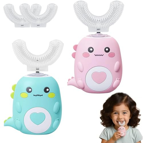 Lulabini DinoBrush 360° Ultraschall-Zahnbürste, Dino Brush Zahnbürste Mit 3 U-Förmigen Silikon, Ultraschallzahnbürste Kinder Mit LED Licht Sanft, Sicher und Macht Spaß (G+P)
