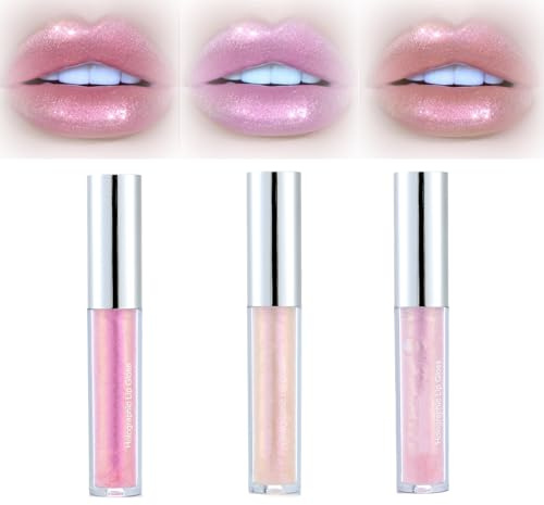 3 Pack Diamond Glitter Liquid Lip Gloss Set - Metallic Shimmer, Waterproof & Long Lasting, Highly Pigmented Opalescent Lip Makeup Kit in Pink Holographic, Nude Champagne & Rose Shades