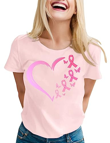 Tee-Shirt Octobre Rose pour Femme Cancer du Sein Cœur Rose Ruban Tshirt 2025