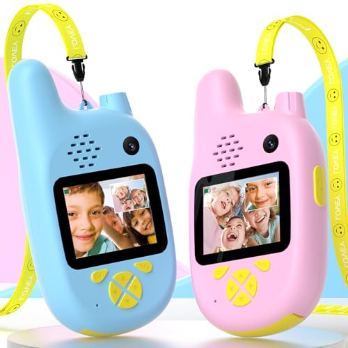 Talkie Walkie Enfants avec Double Caméra Vidéo HD, Talkie-Walkie Rechargeable USB, 4 Modes de Changement de Voix, Portée Jusqu'à 400m, Cadeau pour Garçons et Filles (Bleu + Rose)