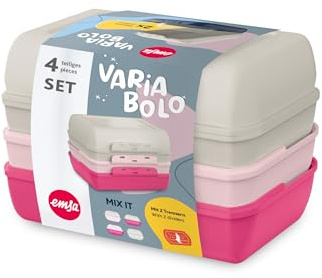 Emsa Variabolo Brotdosen-Set 4-tlg., für unterwegs, platzsparend, verschieden färbige Halbschalen, mehrere Farbkombinationen möglich, spülmaschinenfest, Grau/Pink, N1111000