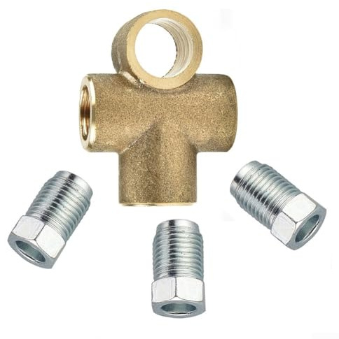3-Wege-Bremsleitung T-Stück mit 3 männlichen kurzen Muttern, Messing Union Connector, 3/8 UNF 24 TPI, kompatibel mit 3/16 Zoll Bremsrohr, Automobil-Bremsleitungsverschraubung, kurzer Überwurfadapter