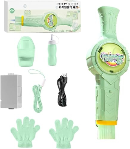 Varita Eléctrica de Burbujas de Humo Manejable | Máquina Automática Recargable USB con Guantes Mágicos + Botella + Recipiente + Accesorios | Juguete Exterior para Niños y Niñas (Verde)