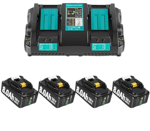 4 Stück 8.0Ah Li-ion Ersatzakku für Makita akku 18v mit ladegerät DC18RD Dual Port 4A für Makita 18V BL1860 BL1860B BL1850B BL1850 BL1840 BL1830 LXT-400 with LED Werkzeugakku.