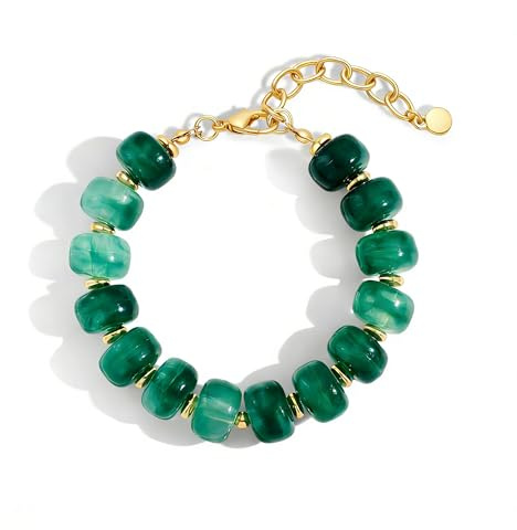 ENSKEFEN Green Beaded Bracelets for Women Trendy Chunky Statement Bracelet Adjustable Acrylic Resin Large Beads Bangle Bracelet Summer Boho Jewelry