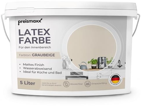 Preismaxx Latexfarbe Graubeige abwaschbar hohe Deckkraft Wandfarbe matt 5l | Abwischbar Küche, Bad, Flur, Treppenhaus, Kinderzimmer, strapazierfähig, flecken entfernen, hohe Deckkraft