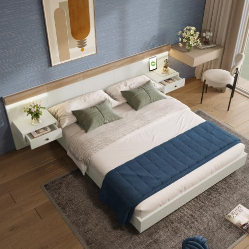 Bettanlage 180x200 cm mit LED-Nachttischen – Bettgestell mit USB-C Ladestation & Schwebebett-Optik, Doppelbett in Eiche & Weiß, Schlafzimmer Komplett-Set, stabil & geräuschfrei, ohne Matratze