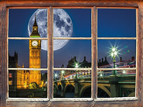 Stil.Zeit Möbel Big Ben vor großen Mond in London Fenster 3D-Wandsticker Format: 92x62cm Wanddekoration 3D-Wandaufkleber Wandtattoo