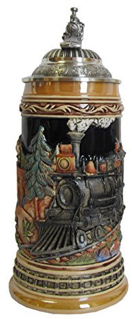 KING Eisenbahn Bierkrug, kobalt, bunt, mit Zinn-Eisenbahndeckel, 0,5 Liter Bierseidel