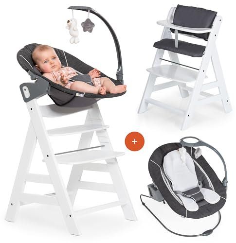 hauck Alpha+ Newborn Set Deluxe - Baby Holz Hochstuhl ab Geburt mit Liegefunktion - inkl. Aufsatz für Neugeborene & Sitzpolster - mitwachsend, verstellbar - Weiß