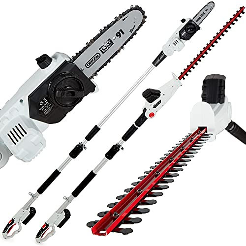 NETTA 2-in-1 20V Cordless Pole Telescopic Chainsaw and Hedge Trimmer, Diamond-Ground Blades, 200mm Cut Length Chain Saw, Hedge Shears 510mm, Telescopic Handle
