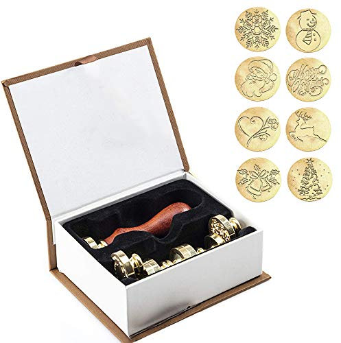 Wachs Stempel Set, 8PC Wachssiegel Stempel Messing Köpfe und 1 Holzgriff Vintage selbstklebende Siegellack Stempel Kit Geschenk für Umschlag Postkarte Label Hochzeitseinladung