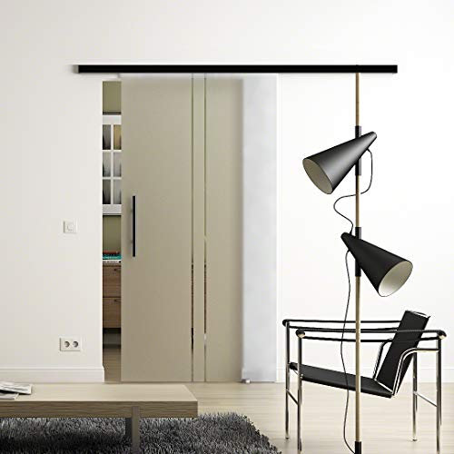 SoftClose-Glas-Schiebetür 775x2175 mm senkrecht gestreift Sadora® Slimline-System komplett Laufschiene in Schwarz und Stangengriff/Griffleiste