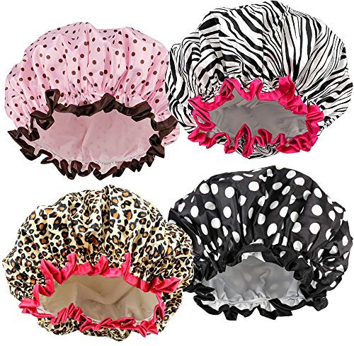 TCOTBE Gorro de ducha impermeable de 4 piezas, gorras de ducha para mujer, gorro de baño elástico reutilizable, protección del medio ambiente, doble capa impermeable