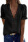 Coloody Femme Tee Shirt Col en V, Manches Courtes Loisirs D'été Tunique en Dentelle Blouse Amples Caraco Tops Chemisiers à La Mode (Noir) S