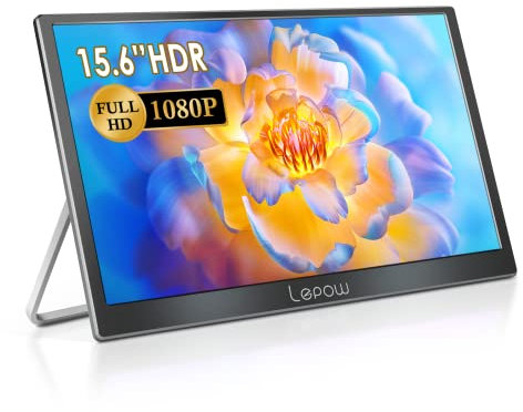 Lepow Portable Monitor 2022 C2S Series 15.6 Inch Full HD 1080P Computer Display IPS Screen with Mini DP HDMI Type-C Dual Speakers for Laptop PC PS4 Xbox Phone with Foldable Kickstand, Midnight Black