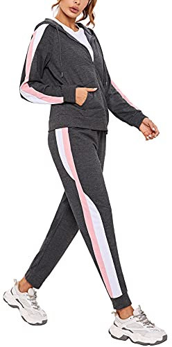 Litherday Jogginganzug Damen Lang Freizeitanzug Baumwolle Trainingsanzug Frauen Streifen Sportanzug Fitnessanzug mit Taschen, Dunkelgrau, S