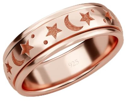 SHOP LC Spinner-Ring für Damen und Herren, 925er Silber-Angstring mit drehbarem Band, Fidget-Ring mit Mond- und Sterngravur, Ehering und Verlobungsring aus Roségold