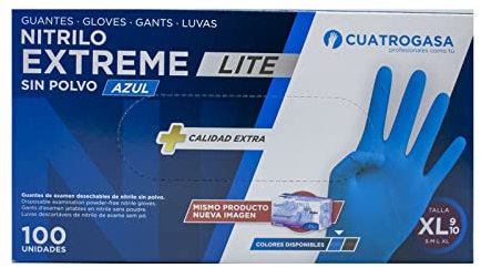 Cuatrogasa Guantes de nitrilo sin polvo azul | Gama Extreme Lite | Guantes desechables de un solo uso | Calidad extra | Caja de 100 unidades | Talla XL
