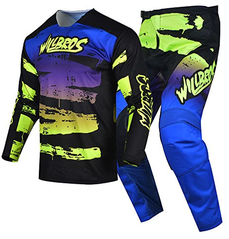 Willbros Motocross Jersey Hose Kombination MX Reitausrüstungsset Herren Motorrad Offroad Dreckiges Fahrrad Radfahren Rennen BMX ATV Gelb Blau (Jersey XXXL Hose 40)