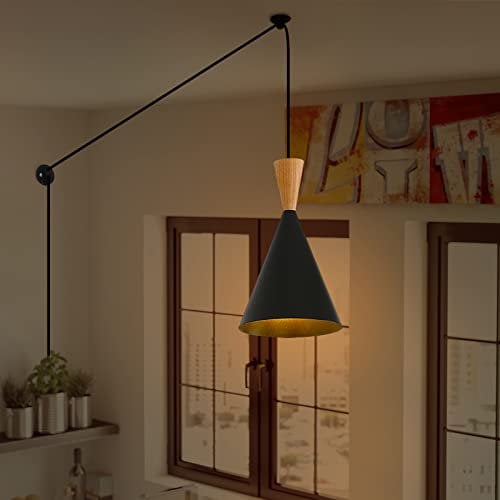 LUSTORM 1 Moderne Kleine Schwarze Hängeleuchte mit Stecker in Schnur Holz Metall Kegel Design Deckenhängeleuchte Wandbefestigungen Seil Pendelleuchte für Kücheninsel, Nachttisch