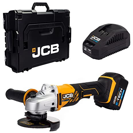 JCB 18V Cordless Angle Grinder, 5.0Ah Lithium-ion Battery, Fast Charger in Power Tool Case, 3 Position & Anti-Vibration Handle, Tool-Free Adjustable Guard, 3 Year Warranty (JCB-18AG-5X)