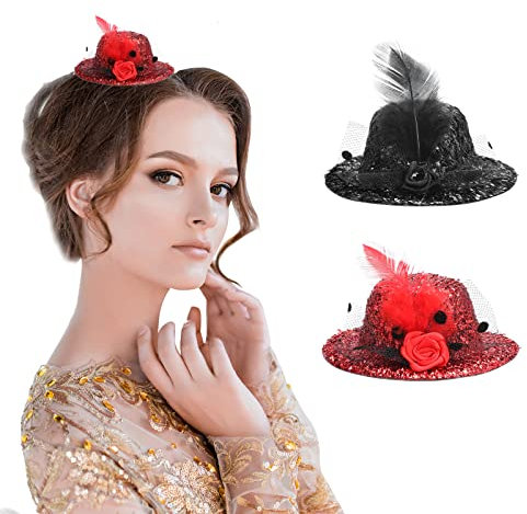 BEIMEIII 2 Stücke Mini Hut Karneval Fascinator Haarreif Mini Zylinder Fascinator Rot Schwarz Haarreif mit Feder Schleier Mesh für Kostüm KarnevalMottoparty