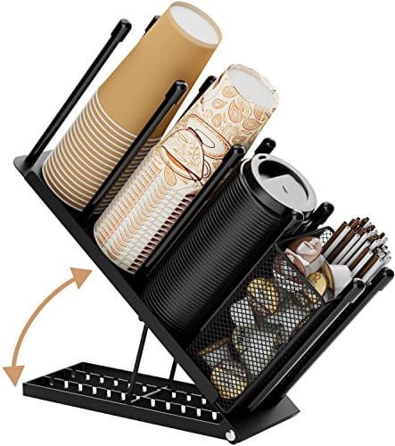 Ovicar Cup and Lid Holder - Adjustable 4 Compartment Disposable Cup Dispenser with Coffee Pod Straw Storage Basket for Bar Countertop Breakroom Metal Black